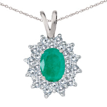  14K White Gold Oval Emerald and Diamond Pendant