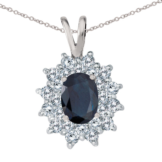 14K White Gold Oval Sapphire and Diamond Pendant
