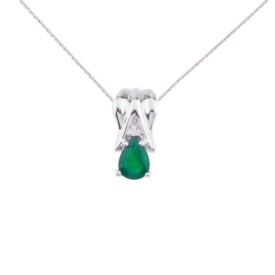 14K White Gold Pear Emerald and Diamond Pendant