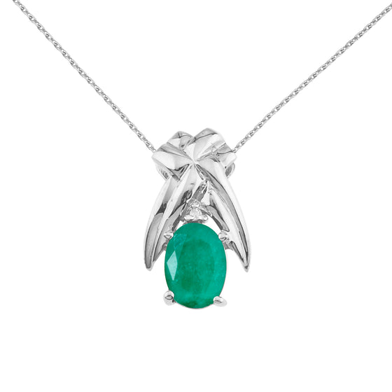 14K White Gold Oval Emerald and Diamond Pendant