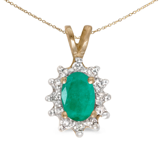 14k Yellow Gold Oval Emerald And Diamond Pendant