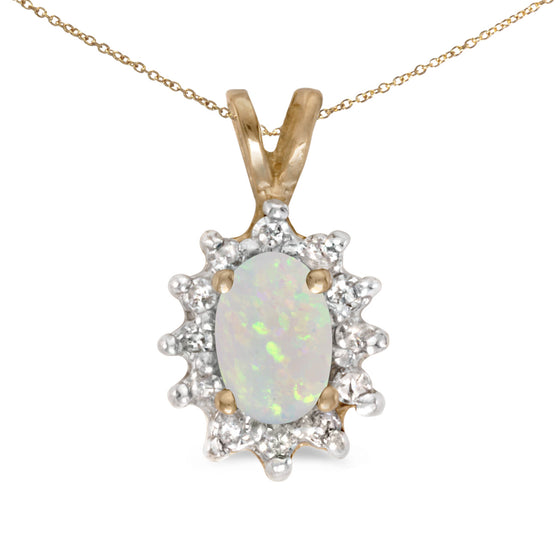 14k Yellow Gold Oval Opal And Diamond Pendant