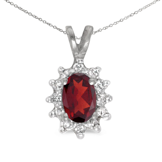 14k White Gold Oval Garnet And Diamond Pendant