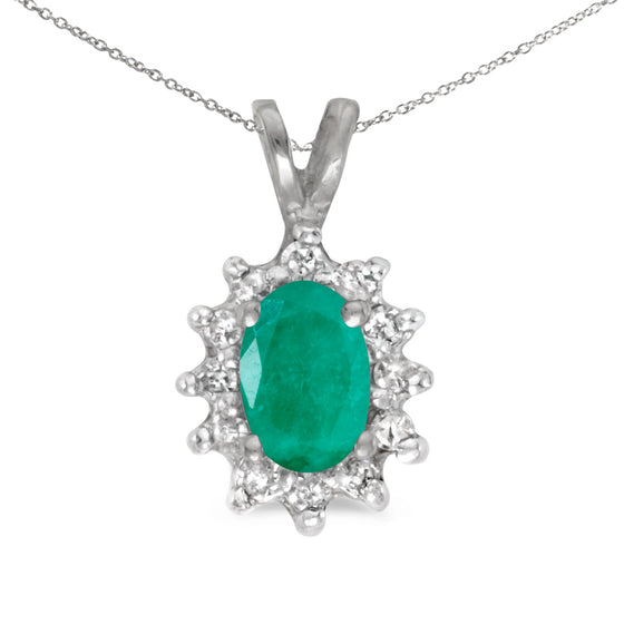 10k White Gold Oval Emerald And Diamond Pendant