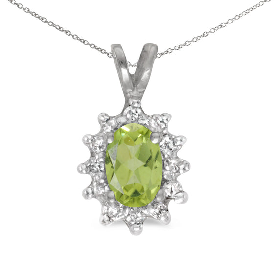 14k White Gold Oval Peridot And Diamond Pendant