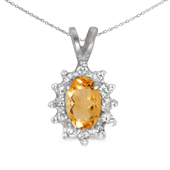 14k White Gold Oval Citrine And Diamond Pendant