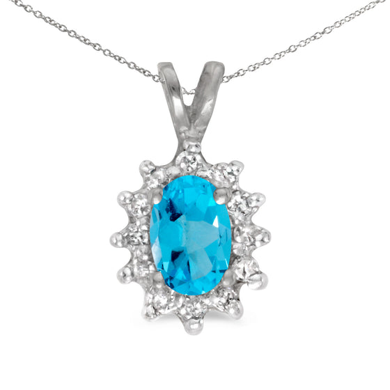 10k White Gold Oval Blue Topaz And Diamond Pendant