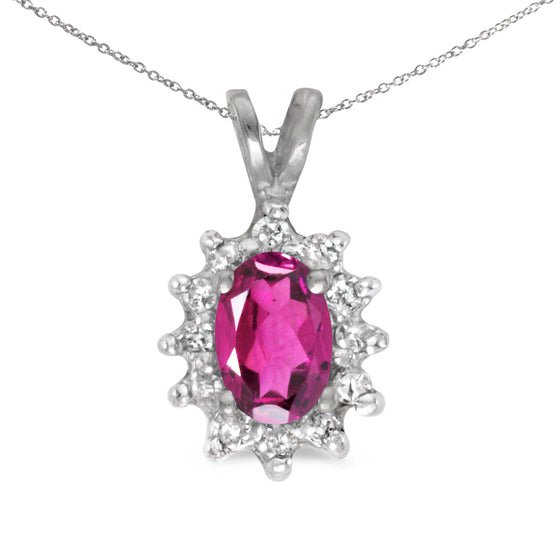 10k White Gold Oval Pink Topaz And Diamond Pendant