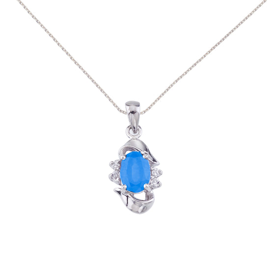 14K White Gold Oval Blue Topaz and Diamond Pendant