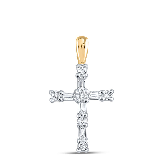 10k Yellow Gold Womens Round Baguette Diamond Cross Pendant 1/4 Cttw