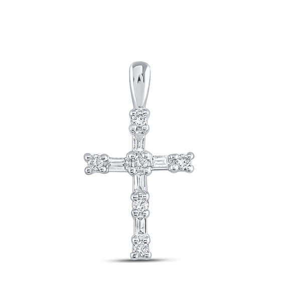 10k White Gold Womens Round Baguette Diamond Cross Pendant 1/4 Cttw
