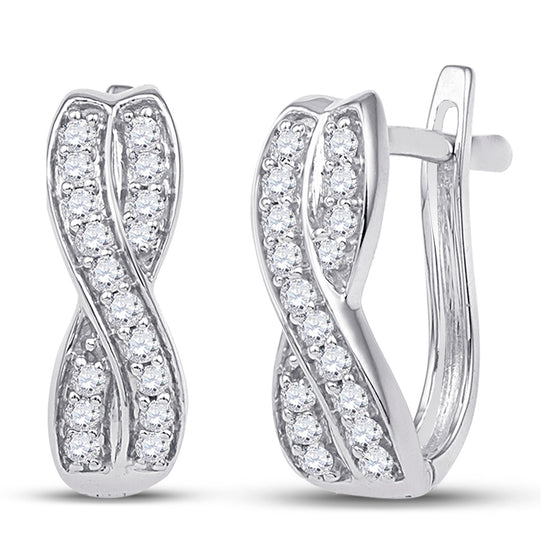 10k White Gold Womens Round Diamond Double Row Crossover Hoop Earrings 1/5 Cttw