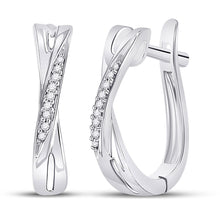  10k White Gold Womens Round Diamond Slender Crossover Hoop Earrings 1/20 Cttw