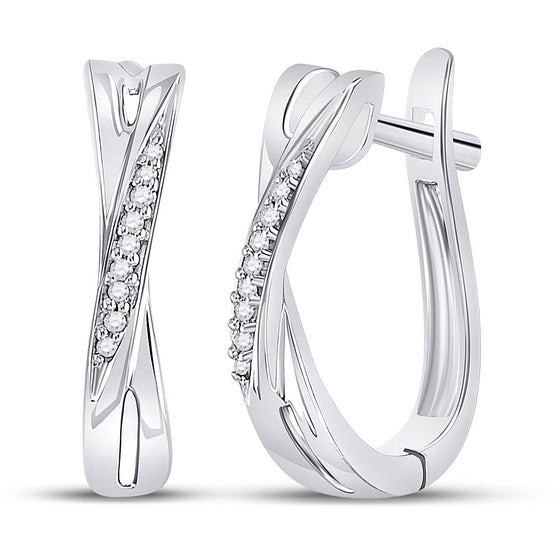 10k White Gold Womens Round Diamond Slender Crossover Hoop Earrings 1/20 Cttw