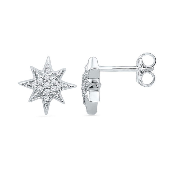 10k White Gold Womens Round Diamond Starburst Cluster Earrings 1/10 Cttw