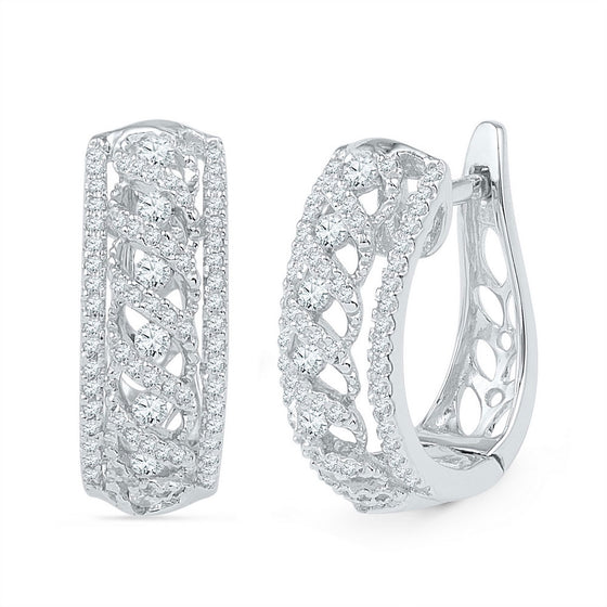 10k White Gold Womens Round Diamond Crisscrossed Openwork Hoop Earrings 3/4 Cttw