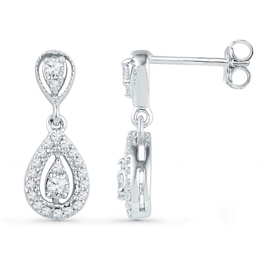 10k White Gold Womens Round Diamond Teardrop Dangle Earrings 1/3 Cttw