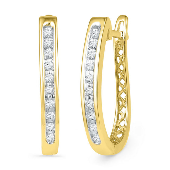 10k Yellow Gold Womens Round Diamond Slender Single Row Oblong Hoop Earrings 1/5 Cttw