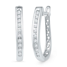  10k White Gold Womens Round Diamond Slender Single Row Oblong Hoop Earrings 1/5 Cttw