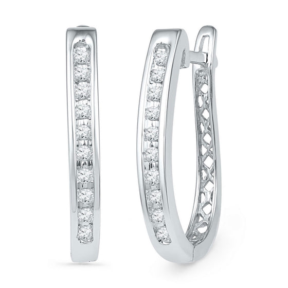 10k White Gold Womens Round Diamond Slender Single Row Oblong Hoop Earrings 1/5 Cttw