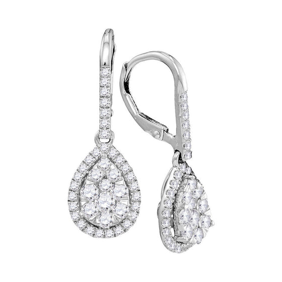 14k White Gold Womens Round Diamond Leverback Teardrop Dangle Earrings 1-3/8 Cttw