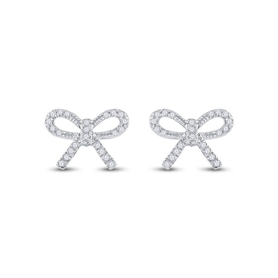 10k White Gold Womens Round Diamond Ribbon Bow Fashion Earrings 1/5 Cttw