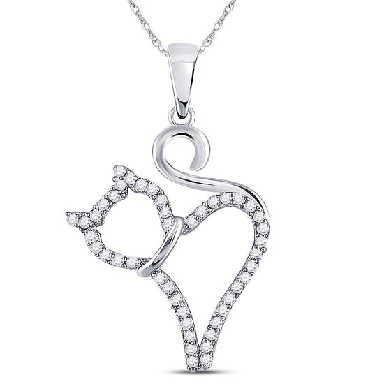 10k White Gold Womens Round Diamond Kitty Cat Animal Pendant 1/6 Cttw