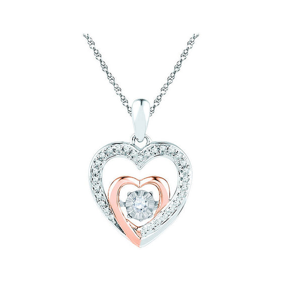 10k Two-tone Gold Womens Round Diamond Twinkle Moving Heart Pendant 1/10 Cttw