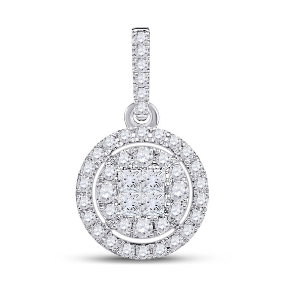 14k White Gold Womens Princess Diamond Fashion Halo Cluster Pendant 1/2 Cttw