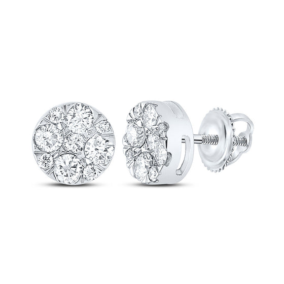 14k White Gold Womens Round Diamond Flower Cluster Earrings 1 Cttw