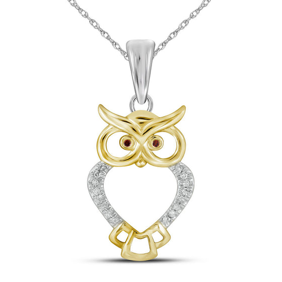 10k Yellow Gold Womens Round Red Color Enhanced Diamond Owl Bird Animal Pendant 1/20 Cttw