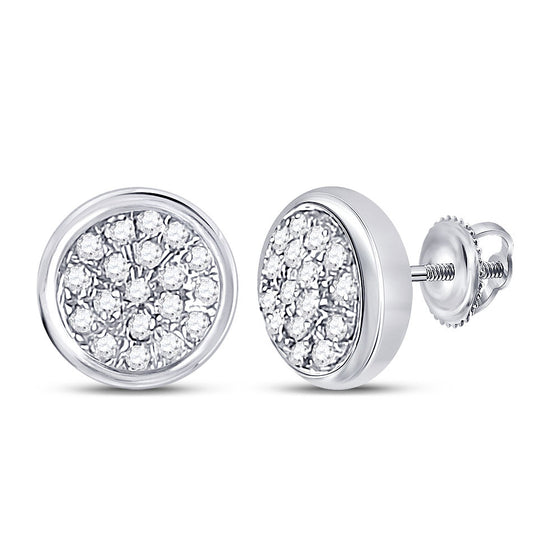 10k White Gold Womens Round Diamond Concentric Cluster Earrings 1/10 Cttw