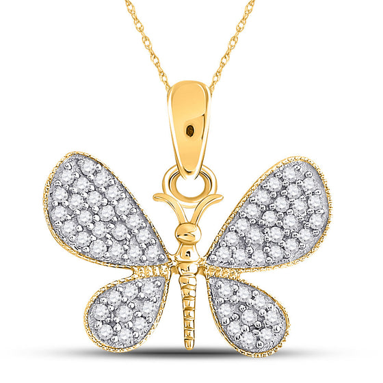 10k Yellow Gold Womens Round Diamond Butterfly Bug Pendant 1/3 Cttw