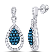  10k White Gold Womens Round Blue Color Enhanced Diamond Teardrop Dangle Earrings 5/8 Cttw