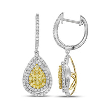  14k White Gold Womens Round Yellow Diamond Teardrop Dangle Earrings 1-1/2 Cttw