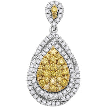  14k White Gold Womens Round Yellow Diamond Teardrop Cluster Pendant 1-1/2 Cttw