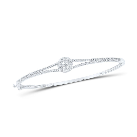14k White Gold Womens Princess & Round Diamond Bangle Bracelet 1 Cttw