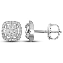  14k White Gold Womens Round Diamond Flower Cluster Square Frame Earrings 3/8 Cttw