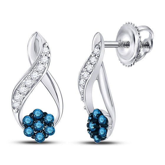 10k White Gold Womens Round Blue Color Enhanced Diamond Cluster Earrings 1/5 Cttw
