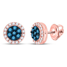  10k Rose Gold Womens Round Blue Color Enhanced Diamond Flower Cluster Earrings 1/2 Cttw