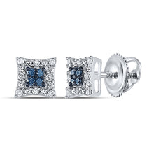 Sterling Silver Womens Round Blue Color Enhanced Diamond Square Earrings 1/10 Cttw