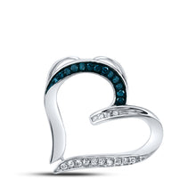  Sterling Silver Womens Round Blue Color Enhanced Diamond Bisected Heart Pendant 1/10 Cttw