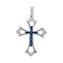  Sterling Silver Womens Round Blue Color Enhanced Diamond Cross Pendant 1/10 Cttw