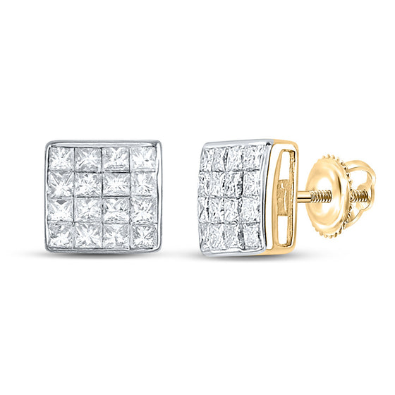 14k Yellow Gold Womens Princess Diamond Square Cluster Stud Earrings 3/8 Cttw