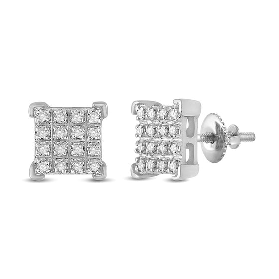 10k White Gold Round Diamond Square Earrings 1/10 Cttw