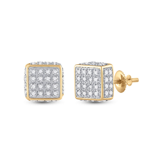 10k Yellow Gold Round Diamond 3D Square Stud Earrings 1/4 Cttw