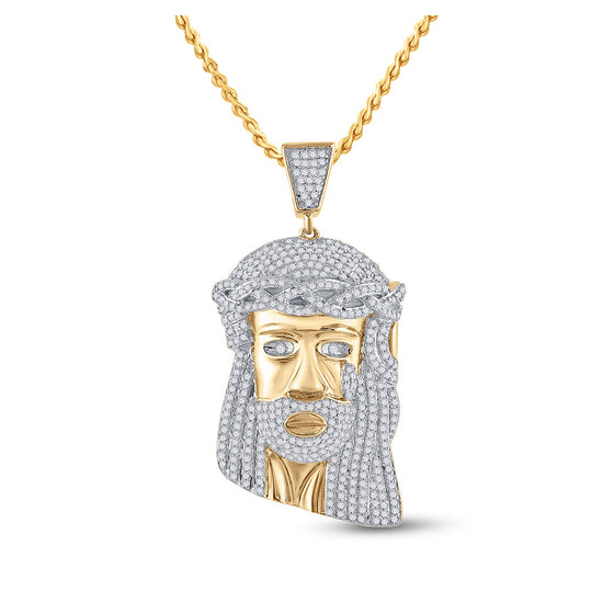 10k Yellow Gold Mens Round Diamond Jesus Face Charm Pendant 1-1/3 Cttw