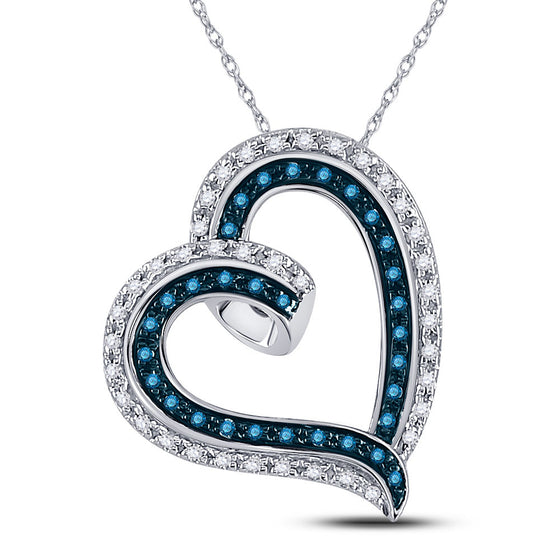 10k White Gold Womens Round Blue Color Enhanced Diamond Heart Pendant 1/6 Cttw