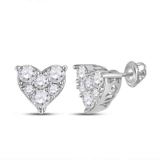 10k White Gold Womens Round Diamond Heart Cluster Stud Earrings 1/3 Cttw
