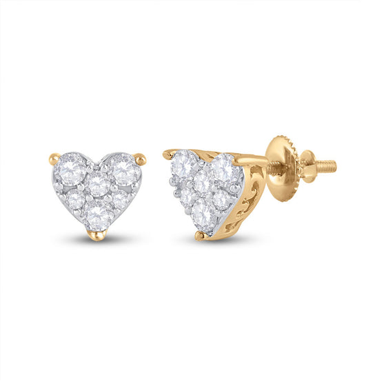 14k Yellow Gold Womens Round Diamond Heart Earrings 1/3 Cttw